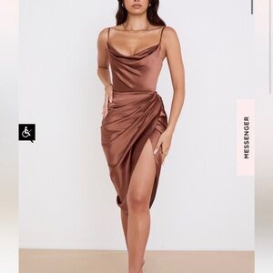 House of CB “Reva” Midi Brown Taupe Cowel Neck Satin Silk Dress